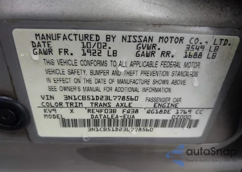 2003 Nissan Sentra Gxe from USA, damaged, VIN 3N1CB51D23L778560
